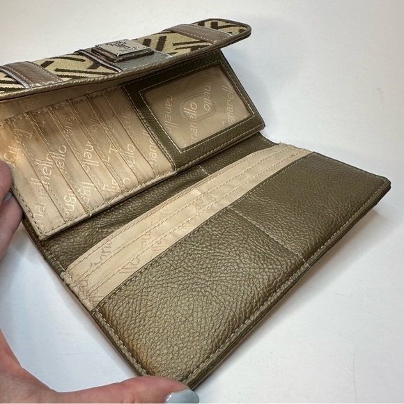 Tignanello Leather & Canvas Trifold Wallet Clutch Monogram T Brown Tan Paisley - Picture 4 of 11